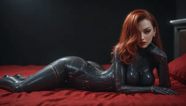 (tron jessica rabbit:2), red hair, (sexy black tron outfit:2), sexy pose on the bed, black background