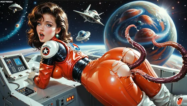 The image is a beautiful boudoir painting of a pinup girl in a retro space suit who is being fucked by alien tentacles. She is wearing a skin tight retro space outfit that is white and chrome, her outfit is torn revealing her breasts and ass. She is inside of a badly damaged spaceship. She is moaning with pleasure and her eyes are rolling back. The spaceship is being overrun by alien tentacles. Retro scifi. Pin_up_girl