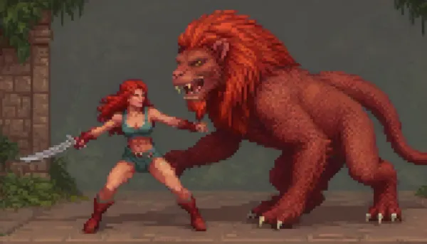 pixelart of a beautiful Persian Huntress battling a mythical manticore, (boss fight), style of side scroller game, style of SNES Metroid game, (human, Persian Huntress, protagonist:1.4), (Manticore:1.8), <lora:pixel-art-xl-v1.1:1.4>, ral-mythcr, <lora:ral-mythcr-sdxl:.4>