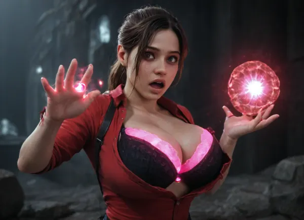 score_9, score_8_up, score_8, perfect hands, claire_redfield, Resident_evil, 1girl, (young:1.5), brown_hair, brown_eyes, solo, looking at viewer, classic suit, (((red top))), (glowing stone in hand:1.8), open mouth, ((surprised)), (((wardrobe_malfunction))), (((torn_clothes))), (huge breasts:1.3), slim, young, (pink glowing bra:1.8), (very undersized tight black bra:1.8), neon trim, neon glow, city, night, zPDXL, Expressiveh, zzCitronLegacy, tpsp, magical, glow, internal, magic, fantasy, glowing, colorful, absolutely, terrifying, <lora:Torpedo_Tits_Anime-GMR-000007:1>, <lora:dark:.1>, <lora:Magical_Glow_XL-000019:.8>, <lora:absolutely_terrified:1>, NEGATIVE_HANDS