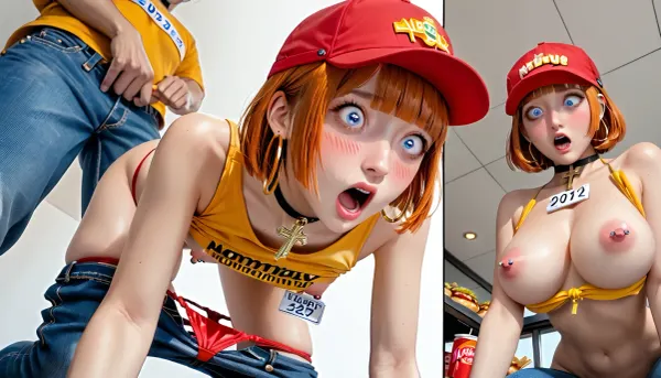 yorumac, 25 year old woman, all fours, from below, short hair, orange bob hair, blunt bangs, black choker, golden hoop earings, yellow top above breasts, name tag, red cap, red panties pulled down, pulled down blue jeans, pierced nipples, pink nipples, blush, ((perfect blue eyes, cross eyed)), skimpy outfit, shocked, exposed petite breasts, McDonald’s restaurant, blowjob, pulled down jeans, rough deepthroat, men penetrating with big penis, cum, ejaculation, cum filled, Burgers on tables, French fries, customers shocked
