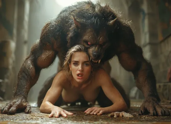 (Movie poster for a 1960s horor movie version of breakfast at Tiffany's:1), Werewolf, massive red knotted werewolf penis, red eyes, doggystyle sex, beautiful warrior woman, rough sloppy sex, primal mating, cum inside, growling, impregnation, moaning and drooling from the mind melting orgasm, big full boobs, impossible fit, grabbing her waist, grabbing hair, modern-werewolf, <lora:Modern_Werewolf:.8>, <lora:MJ52:1.1>