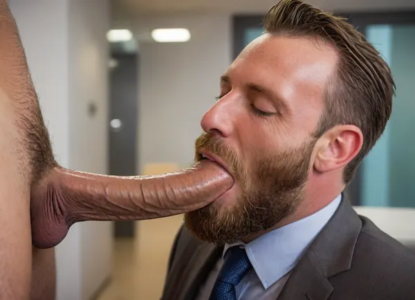 Portrait photo of a 40yo german male business man with a full beard in a business suit sucking a penis in a bank branch with his eyes closed. Laughing colleagues in the background, side-view, sideview, side view, <lora:WTS - WhatTheSuck - v1:.8>, <lora:SDXL_Sevenof9_7th_NSFW:.8>, <lora:MJ52:.1>, <lora:xpenis-1.5e:.2>, <lora:pein:.2>