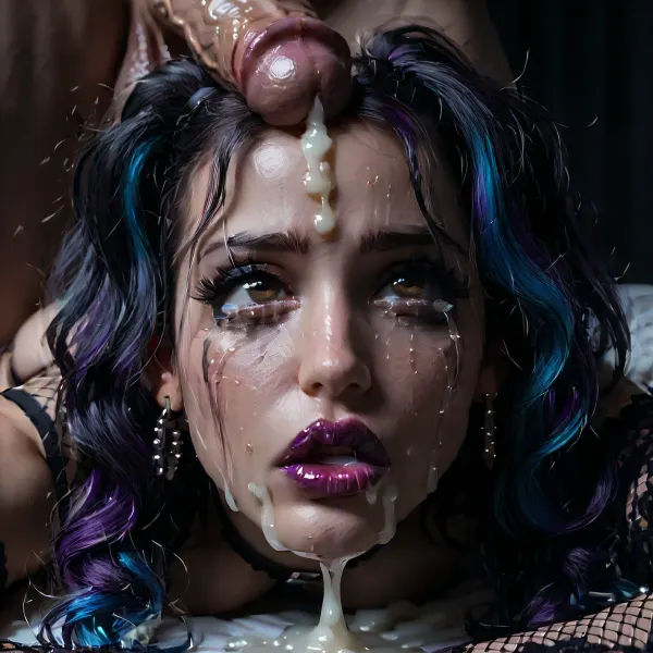 Score_9, score_8_up, score_7_up, (close-up of her face:1.4), (cock on her head), (1girl, 1man), (long hair), (multicolored hair, (The girl is crying), (dark purple hair), (bright blue hair)), (twintails), (wavy hair), (messy hair), submissive, (pointy breasts), (retrousse tits), (nipple piercings), (bimbo slut makeup), (mascara running down her face), (incredibly long lashes), (bimbo lips), (black lipstick), (super snatched waist), (pencil waist), (huge bbl ass), (oiled glossy skin), (sweaty skin), (shaved pussy), (white skin), (pale skin), (gothic), (goth), (tan lines:.8), (brown eyes), (perfect mouth), (perfect lips), (topless), (bottomless), (no clothing except a black garter belt and black fishnet thigh-high leggings and black platform stilettos and black fishnet arm sleeves), perfect eyes, (she's laying prone on a bed with her face near the viewer:1.2), (cock on the top of her head:1.2), (excessive cum dripping in a line from the cock down her forehead and nose and lips and chin:1.4), (very clear cum:1.4), exhausted, tired, hair and makeup was elegant and beautiful but is now messy and disheveled after hours or rough sex, (ruined makeup), (smudged lipstick smeared across face), (cum running out of her nose and mouth onto the bed:1.1), (excessive amounts of cum:1), (vacant expression:1), (fucked stupid, brainless), (black walls), (gothic bedroom), (blue and purple neon lighting), (bright neon lighting), HighRes Fix, ADetailer, Inpainting, Upscale, Photoshop, <lora:PerfectEyesXL:.8>, <lora:dark:.5>, <lora:315758_training_data:.8>