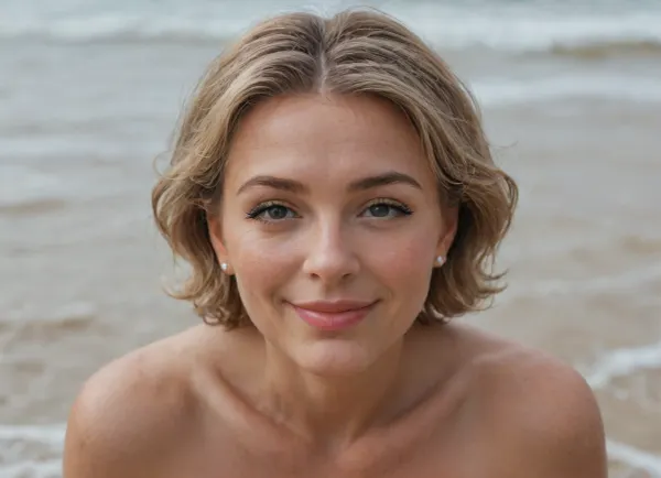 small boobs, (small soaking wet sexy boobs), squatting, full view, view from afar, 157 cm height, on a beach, shot on kodak, sharp focus, high budget, cinemascope, moody, epic, gorgeous, film grain, grainy, dark gray eyes, short blonde hair, pixie cut, 39 year old woman, mature, milf, happy expression, (smile:1.6), long eyelashes, curly nose, (wide nose:1.7), (thin lips:1.5), breasts fully exposed, <lora:flat_chested_v3.5:.8>
