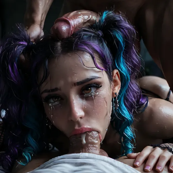 Score_9, score_8_up, score_7_up, (close-up of her face:1.4), (cock on her head), (1girl, 1man), (long hair), (multicolored hair, (The girl is crying), (dark purple hair), (bright blue hair)), (twintails), (wavy hair), (messy hair), submissive, (pointy breasts), (retrousse tits), (nipple piercings), (bimbo slut makeup), (mascara running down her face), (incredibly long lashes), (bimbo lips), (black lipstick), (super snatched waist), (pencil waist), (huge bbl ass), (oiled glossy skin), (sweaty skin), (shaved pussy), (white skin), (pale skin), (gothic), (goth), (tan lines:.8), (brown eyes), (perfect mouth), (perfect lips), (topless), (bottomless), (no clothing except a black garter belt and black fishnet thigh-high leggings and black platform stilettos and black fishnet arm sleeves), perfect eyes, (she's laying prone on a bed with her face near the viewer:1.2), (cock on the top of her head:1.2), (cum dripping from cock), exhausted, tired, hair and makeup was elegant and beautiful but is now messy and disheveled after hours or rough sex, (ruined makeup), (smudged lipstick smeared across face), (cum running out of her nose and mouth onto the bed:1.1), (excessive amounts of cum:1), (vacant expression:1), (fucked stupid, brainless), (black walls), (gothic bedroom), (blue and purple neon lighting), (bright neon lighting), HighRes Fix, ADetailer, Inpainting, Upscale, Photoshop, <lora:PerfectEyesXL:.8>, <lora:dark:.5>, <lora:315758_training_data:.8>