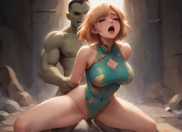 Anime gyaru girl, with cheongsam dress, tied up, fucked in standing position, by giant orc army soldier, sexy, voluptuous, dark skin, runny makeup, (moaning, orgasm:1.2), in concrete prison, <lora:Animated_Concept:1.5>
