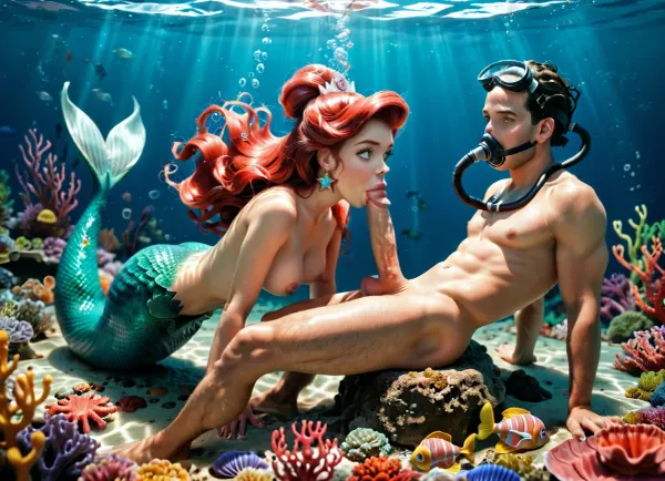 Disney princess Ariel, the little mermaid, swimming underwater next to a male scuba diver. Ariel has flowing red hair, a shimmering green mermaid tail, and topless. The scuba diver is naked and wearing only oxygen tank, mask, and flippers. Ariel is sucking the divers thick dick between his legs, blowjob. Ariel is NOT wearing scuba equipment. Detailed background, perfect detailed body, detailed skin texture, cute face, under the sea, mermaid, <lora:mermaid_xl_v1:.8>