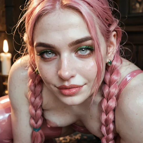 Score_9, european woman, (face closeup:1), chubby, cute face, long messy hair, bangs, braids, perfect small breasts, pale pink hair, (pale skin:1.5), transparent pink latex dress, (white eyes:1.11), (puffy areola:1.33), pussy, seductive smirk, narrow lips, green makeup, candle light, (under side view:1), squatting, <lora:aka-000002:2>, <lora:EnvyZoomSliderXL01:1.7>, <lora:765092_training_data:2>