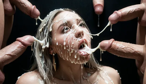 31 years old, (Cum details), realistic cum, Prominent cum, (white cum:1.7), cum on, (Cum flows:1.2), (cum on body:1.3), cum on head, (cum on face:1.3), bukkake, ((body covered with semen)), white curvy woman, (massive breasts:1.2), (milf:.7), naked, no lipstick, bald, mouth closed, (((eyes wide open))), black room, black background, 3+ men, surrounded by dicks, cum, on, face, Face covered in cum, cum dripping from penis, (A lot of cum:1.5), shocked, nonplussed, ImgFixerPre0.3, <lora:JustCum:.6>, <lora:cum_in_eye_deepmind:.8>, <lora:shocked:2>, <lora:billie_dh128_lora_v2:1.6>