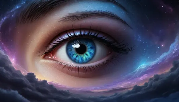 Crie um avatar feminino estilizado, inspirado em uma decifradora de sonhos. Características, Aparência misteriosa e acolhedora., Olhos brilhantes, como se refletissem estrelas., Cabelos ondulados e longos, com tons de azul e roxo., Fundo etéreo, com elementos oníricos como nuvens, estrelas e luas flutuantes., Estilo artístico, digital painting, com traços suaves e detalhados.