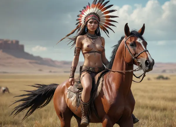 UHD, 4K, 8K, A young, beautiful, slender, topless Siox Indian woman with large, colorful Indian feather headdress and war paint rides a horse across the prairie, cyberpunk art, retrofuturism, by Lü Ji, cgsociety 9, nezha, very beautiful cyberpunk, cyberpunk, concept art feng zhu