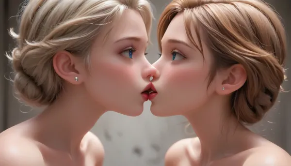 2 girls, Elsa and Anna, Kissing, shaved pussies, slightly gaping pussies, completely naked, whole bodies in view, view is from the side, pretty faces, bending over, showing ass and pussy, Small boobs are visible, <lora:princess_xl_v2:.5>