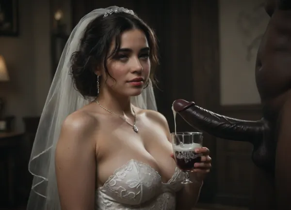 interracial, very large black penis, The happy chubby Persian bride in sexy wedding dress, cum driping bride's chain' cum driping from black penis, drinking sperm from transparent cup, there is glossy and sticky sperm in cup, cup full of sperm, cum swallowing, ((gokkun)), cum dripping from the corners of her lips, The woman holds the cup under the black cock., ((text on The cup is, "BBC Cum")), logo, text, sign, that, says, the, word, <lora:671410_training_data:.8>, <lora:dark:.5>, <lora:texta:1>, <lora:677862_training_data:.8>