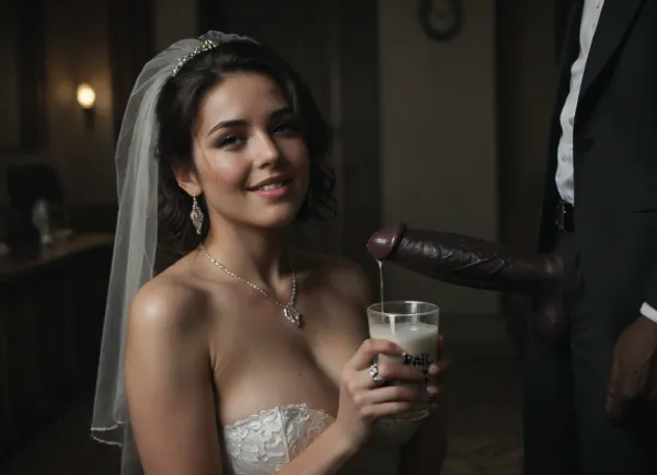 interracial, ((white cuckold husband in suit in the background is crying)), very large black penis, The happy chubby Persian bride in sexy wedding dress, cum driping bride's chain' cum driping from black penis, drinking sperm from transparent cup, there is glossy and sticky sperm in cup, cup full of sperm, cum swallowing, ((gokkun)), cum dripping from the corners of her lips, The woman holds the cup under the black cock., ((text on The cup is, "BBC Cum")), logo, text, sign, that, says, the, word, <lora:671410_training_data:.8>, <lora:dark:.5>, <lora:texta:1>, <lora:677862_training_data:.8>, happy, <lora:happy_v2:.8>