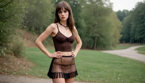 1970s poloriod photo, ((full body in shot)), ((brunette with a fringe)), ((anorexic)), 1girl, solo, breasts, nipples, skirt, pantyhose, long_hair, fishnets, realistic, looking_at_viewer, brown_hair, medium_breasts, see-through, outdoors, fishnet_pantyhose, necktie, jewelry, parted_lips, earrings, blurry_background, blurry, pencil_skirt, nature, [Photorealistic, moody portrait], [Inspired by the work of Annie Leibovitz]