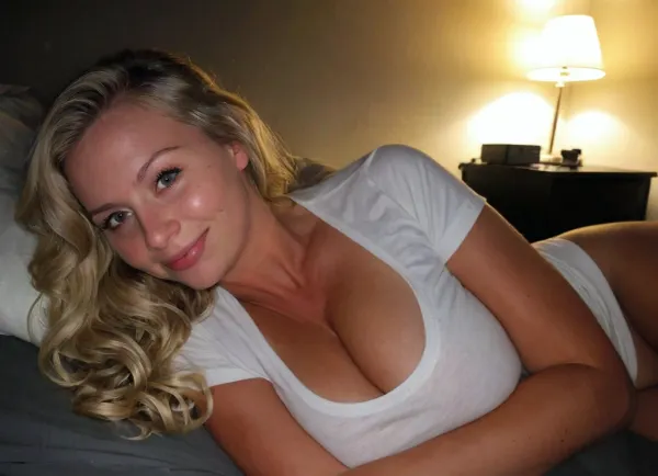 candid photo, Amature 21 year old, pornstar cute, stylish wavy blonde hair, laying on her side next to you on a bed, dark dorm room, wearing only a white tshirt, cleavage, small flirty smile, ultimate realism, poor lighting, at night, dark, night, realistic detailed skin texture, focus on realistic face, Sun-kissed skin, detailed realistic eyes