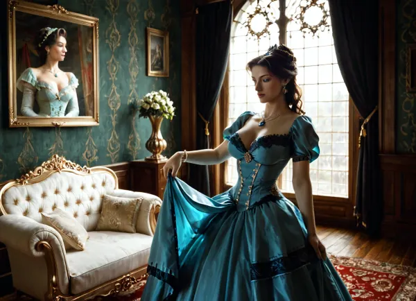 beautiful 1890, a naval vessel, a very beautiful European noblewoman in a Victorian dress, (She wears a bespoke, sapphire blue silk dress, its intricate lace detailing shimmering subtly in the light, her fingers adorned with elegant rings), with a elegant long hair style of that era, slutty, tall, slender, jewels on her neck, navy color dress is expressive green eyes, pale skin, perfect face, breast expansion, medium breasts, rounded breasts, (firm medium natural breasts:1.3), upright breasts, (lean body:1.3), super waist, hourglass shape.A majestic Victorian drawing-room, bathed in the warm, golden light of a late afternoon sun streaming through tall, arched windows. The centerpiece is a richly upholstered, emerald green velvet armchair, where a refined woman The dress cinches her waist, highlighting her elegant posture as she holds a delicate porcelain teacup, her fingers adorned with elegant rings. Her body language exudes quiet confidence and composure, her gaze directed thoughtfully towards a distant point, lost in thought. The room's walls are adorned with oil paintings in ornate gilded frames, depicting pastoral scenes and aristocratic portraits. A Persian rug, rich in texture and deep jewel tones, lies beneath the armchair. The overall atmosphere is one of refined elegance and quiet luxury, reminiscent of a pre-Raphaelite painting. The style is characterized by intricate details, soft, diffused lighting, and a muted color palette emphasizing deep blues, greens, and golds. Rendered in a photorealistic style with a painterly touch, emphasizing rich textures and soft light, wide angle shot., victorianstyle, <lora:victoriansxl_v1:.5>, <lora:Omnia_Daily_Life-000005:.5>