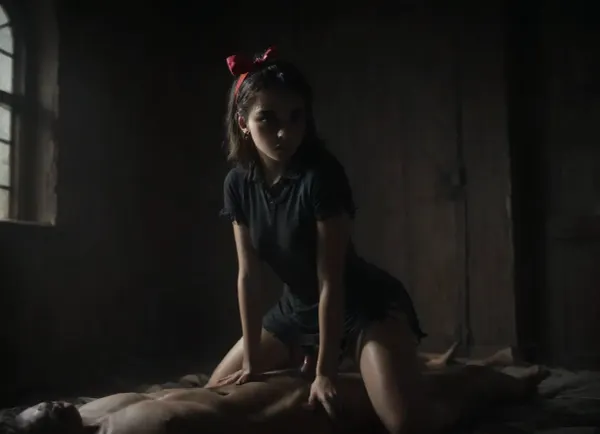a woman in Kiki's delivery Service cosplay, the woman has severe goth make-up, the woman is Kiki's Delivery Service, (Kiki's big red bow on top of her hairband:1.5), torn plain black dress, kiki is on her knees sucking the blood-red cock of a giant red devil from Hell, the setting is a satanic temple, pentagrams, NightScapes, <lora:Animated_Concept:.6>, <lora:dark:1>, <lora:NightScapes_XL14:.8>