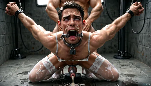 cold, dark, metal walls, metal doors, metal bars, 55 years old, gay men, black short haircut, wearing glasses, (black hair short hair), gay men hairy chest guy, xcross, from, front, behind, metal, padded, tied, sexmachine, restrained, bound, bdsm, anal, asshole, object, insertion, outstretched, arms, gay men with both hands above head straighten and tied on xcross metal board, cowboy, shot, dildo, sex, machine, sex-machine, squirting, peeing, masturbation, Stocks, Pose, Cuffs, on, Ankles, and, Wrists, 1gay men, spread, legs, cum, in, stationary, restraints, lingerie garter belt straps, satin ruffle gloves, open mouth, gay men wearing white high heels fetish platform stiletto shoes, suspended from the ceiling by chains, handcuffed wrists and ankles, legs spread wide in a forced split, pain and angry on his face, gay men wearing white nylon shiny stockings, reveal his cock in a large metal chastity cage, ashamed, humiliated, wearing metal collar with padlock, penis locked in chastity metal cage device, pain on his face, screaming, (wet face:1.3), mouth full of cum, cum on face, gay men cock in metal chastity, wearing white satin push bra, gay men wearing shiny brown double band stockings, ((wearing satin white bra)), ((large white satin push bra)), wearing full lace black garter belt, wearing garter belt straps, gay men wearing large metal chastity cock device, lot of cum dripping from chastity cage penis, tears, crying, dripping cum from mouth, cum dripping on floor, massive cum ejaculation, legs tied, outstretched in the split position, legs large spreed in the split position, legs restrain with fixed stationary metal restrains, legs restrained with metal ankle cuffs above head to metal board, bondage, mechanism, sex machine in every hole, fixed, built into mechanism, built in arms and legs, large device, girl bound to device, arms and legs restrained inside, stationary restraints, mechanical restraints, painful anal, gay men inside device, arms and legs fixed inside, fucking machine, gigantic penis barely in asshole, gigantic veiny cock anal fucking, fucking gigantic cock, gigantic cock stretching hairy anus, gigantic dick fucking, tight hairy asshole, impossible fit tight anal fuck, gay men take penis in throat, deep throat, cum in throat, balls deep, blowjob, <lora:BondageXcrossV1--In Stocks Pose:.5>, big penis inside his ass, cum shot, swallowing cum, dildo device also in mouth, mouth stretched wide to fit massive dildo fucking machine device, ((thick saliva threads on mouth and dildo)), 4k, intricately detailed face, realistic face, ball, gag, his cock in chastity metal device, photo realistic, wearing glasses., <lora:sexmachine_XL_0_:1>, <lora:gagged-4e:1.6>