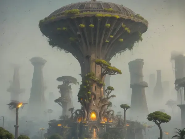 Bird's-eye view of a post-apocalyptic metropolis, ** Endless jungles of concrete and steel are swallowed up by nature, skyscrapers with collapsed facades and rusty beams ** have turned into vertical gardens, where ** giant ferns ** and creepers ** entangle cracks in the walls**, and** moss waterfalls ** flow down through twisted elevators*. The roofs are hidden under a dense canopy of oaks, palms, and glowing mushrooms, whose roots turn freeways into crumbling slabs dotted with rusty car frames and leaning streetlights.Collapsing bridges * \ hang over * \ overgrown canals, In the skyswift peregrine falcons * \ hunt **flocks of crows * \ circling over * \ the remains of stadiums, where * \ wild vineyards have swallowed up * \ the stands. *The setting sun * \ *breaks through * \ toxic \, yellow smog**by painting the foggy haze *in * \ *neon \, green **and **blood -orange * \ shades, and * \ bioluminescent algae * \ shimmer in * \ underground rivers **. metro .8K detail * \ highlights * cracks in the asphalt, peeling painton * \ abandoned tanks **, bird feathers scatteredon** alleys***, drops dew on ** cobwebs ** between antennas skyscrapers, * rusty rivets on ** pavements and cactus needles** piercing ** paving tiles**.\ ** HDR \ lighting \ ** enhances the contrast between \ *warm highlights * *on * cheetah skin ** and *cool shadows * *in * dungeon pits**, and \ *ray tracing * \ *creates * \ *three-dimensional fog * \ *that envelops * \ *the remains of a helicopter * on * \ runways*.Focus on a giant baobab tree sprouting through the planetarium dome, its ** snake roots \ * entwining \ * abandoned telescopes, and \ \ \ ** the background \ * dissolves into \ * fog with ash particles, ** Lossless PNG format \ ** saves \ ** ultra \, details, from \ ** on \ * monument debris ** to ** ice crystals on ** ice vaults ** in \ ** permafrost \ ** underground storage facilities. Nature didn't justwin— it* rewrote the DNA of the megalopolis, turning it intoa symbiosis of apocalypse and rebirth **.