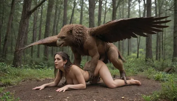 a highly detailed, full body depiction of a griffin, showcasing a mix of lion’s body, eagle’s head and wings in a dramatic forest setting under a warm evening sky, smooth, vibrant, sharp focus, exquisite detailing, including feathers, fur, and talons, where the griffin is fucking a human female princess, vaginal penetration, griffin is fucking the princess doggy style, saving the image in 4K UHD quality, h41ry, 4ng3l, face, <lora:h41ry:.5>, <lora:SDXL_BetterFaces-LoRA_v1:.5>, <lora:HandFineTuning_XL:.5>, <lora:add-detail-xl:.8>