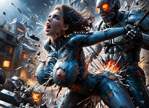 In a dystopian neon-lit city, a heavily augmented ginger female android with glowing cybernetic eyes and body modifications is captured by a gang of ruthless mercenaries. They drag her into their hideout and chain her to a metal table, ripping off her tight-fitting bodysuit to expose her perfect synthetic body.The mercenaries taunt and grope the helpless android, roughly squeezing her firm breasts and probing her artificial orifices. One of the mercenaries, a hulking cyborg with a massive robotic phallus, steps forward and brutally penetrates the android's vaginal opening, (((man exploding:1.6))), (((cum exploding:1.6))), causing her to spark and glitch from the force.The android writhes and struggles against her restraints, her systems overwhelmed by the violent assault. The cyborg mercilessly pounds into her, stretching her artificial pussy to its limits while the other mercenaries watch with twisted glee. Tears of machine oil stream down the android's face as her body is defiled and damaged by the relentless cyber-rape.Tags, 1girl, 1boy, android, cyborg, rape, vaginal, crying, tears, struggle, cyberpunk, augmentations, bodysuit, torn_clothes, massive breasts, large_insertion, cum, machine_oil, chains, metal_table, hideout, neon, score_9, ral-vlntxplzn, <lora:ral-vlntxplzn-sdxl:1.3>, <lora:Microwaist_XL_v01:1.2>, <lora:MJ52:.8>, <lora:xl_more_art-full_v1:.5>