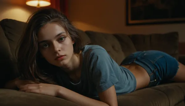GHTEN, futuristic alien, science fiction, scinematic still, Realistic, photorealistic, cinemascope, ultra realistic 4k, high quality photo, (horizon level), (highly detailed face:1.3), young beautiful 18 years old girl, skinny, very thin waist, small breasts, arrogant face, bored face, (girl lies on the sofa in a lewd vulgar pose:1.3), long hair, makeup, (T-shirt:1.2), (jeans:1.2), choker, dim warm light, Rembrandt Lighting style, shadow, partially covered in shadow, Rembrandt shadow style, high contrast, moody, epic, gorgeou, <lora:add-detail-xl:.6>, <lora:Artists_Edge-000006:.6>, <lora:AdvancedEnhancerXLv2:1>