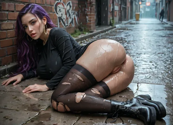 masterpiece, best quality, natural lighting, pretty face, highly detailed realistic face, natural face, perfect eyes, very long legs, medium ass, huge giant breasts, well-built, long straight purple hair, pale skin, shaved pussy, pussy lips exposed, no underwear, (black thigh high nylon stockings), long sleeved tight black shirt, black ankle boots, (wet skin), (wet ripped clothes), full body, dark alleyway, (heavy rain), one woman in picture, lying on ground, (lying on her side:1.2), (legs together), man lies behind her, (man fucks woman in the ass from behind:1.3), anal sex, (man is wearing his pants), (view from the side)