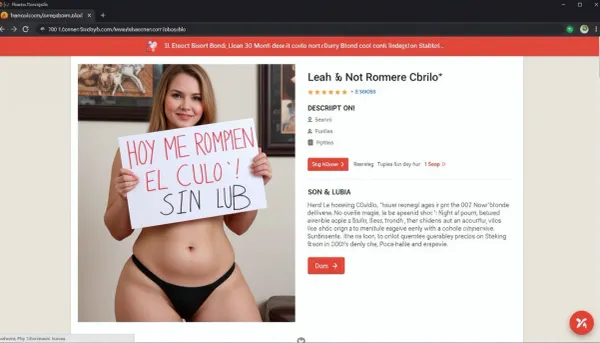 Screenshot of a Escort-Website.
On the left is the picture of a bbw curvy chubby blonde woman, wearing a black thong, naked, holding a "HOY ME ROMPEN EL CULO, SIN LUB”, homemade A3 SIGN with red and black marker pens.
On the right is her profile description, saying "Leah, 30 years old, slut, no limits, submissive, available Tues-Sun, 150$/hour".