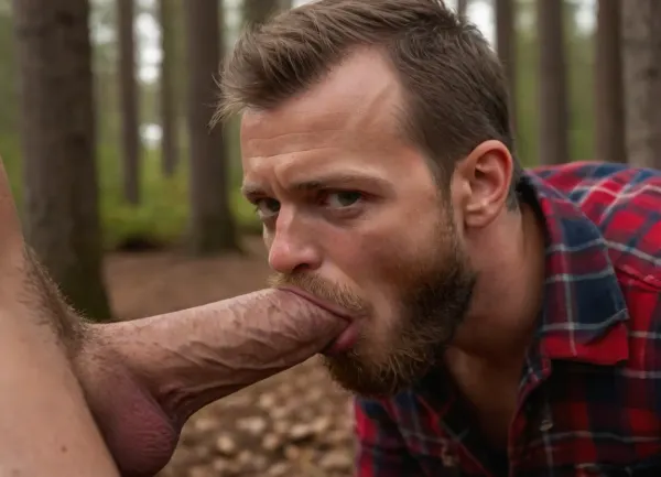 Close-up Portrait photo of a happy, grateful, relieved, 30yo Swedish lumberjack with a full beard, wearing a checked lumberjack shirt, tears on his face, on his knees, violently forced to suck another man's penis., (sucking penis:1.5), in the woods., (Other lumberjack men the background:1.5), (Photo looks like it is taken with a phone camera using flash.), (side-view:1.5), <lora:WTS - WhatTheSuck - v1:.5>, <lora:SDXL_Sevenof9_7th_NSFW:.5>, <lora:MJ52:.1>, <lora:xpenis-1.5e:.2>, <lora:pein:.2>