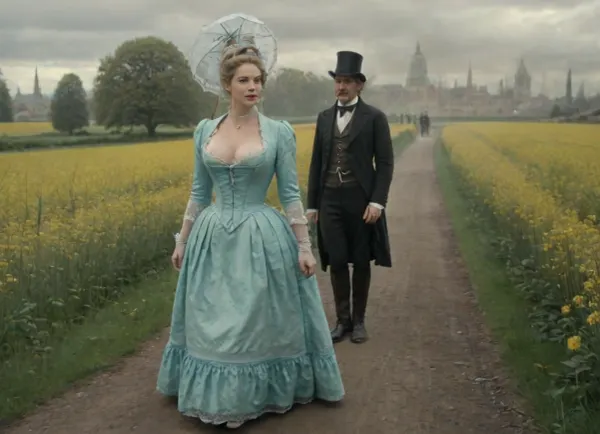 the mature Countess of Votzenhausen walks with the Count of Schwanzheim in a rape field on a sunny summer's day in 1799, the Countess protects her beautiful, flawless face and décolleté from the sun with a parasol, (made of fine lace), . Her perfect figure is emphasized by her turquoise lace dress, ((turquoise dress)), a cloud in the shape of a heart can be seen in the blue sky and little birds in love are dancing in the sky, the count grabs the countess's massive breasts, (((count massages her breasts))), the countess smiles with her red mouth, 1880_dr3ss, 1890_dr3ss, 1900_dr3ss, 1905_dr3ss, 1910_dr3ss, Fortuny, big, breasts, huge, tits, Translated by DeepL. com, (free version), Victorian, London, Empire, Translated with DeepL.com, <lora:Empire_SDXL_OnSite:1.1>, <lora:bombshell_v2:1.1>