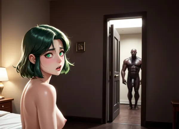 Asian Korean white skined woman with huge black African brute, interracial, moisture art, reiq art, dross art, short slim chubby woman, beautiful detailed face, big eyes. View through door. naked wife, fishnet stockings, close view, her legs up, scared face, bedroom, ((naked African brute on background)), man standing behind spreading her legs, before sex, she is sitting on bed, wet hair, hulk size black brute, tall man short woman, black men in the room, ((man pushing her to bed)), looking back, ((another white man stands aside, cuckold)), big black cock, Low-key, lighting, Style, dim, low, dramatic, partially, shadow, warm, light, style, pale, skin, absolutely, terrifying, love, emmaverde, frilled, green, bikini, <lora:M05_Intensify:.8>, <lora:Pale_Skin_SDXL_v1.0:.8>, <lora:absolutely_terrified:.8>, <lora:love:.9>, <lora:emma_verde_v2:.8>