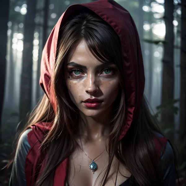 a cloeeup of a coquettish slender hot Little Red Riding Hood in the dark forest, a wulf on here side, dark mood, topless, realistic highly detailed large beautiful crystal eyes with light glowing {brown, blue, green} iris, heartshaped lips, freckles, lip gloss, aroused skin, olive skin, dramatic sunrise, ground-fog, fog, darkness mood, a detailed photo, a photorealistic photo, realistic pretty women photo, realistic night vision parallax double exposure photo style, she stay in the background