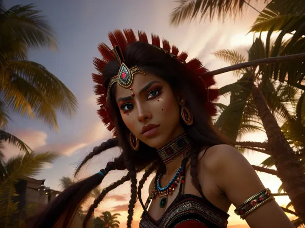 Photorealistic, Very detailed, deep depth of field, ultra-high resolution, Soft Focus, Overexposure, Parallax, Wide Angle, Night Vision, Renaissance, Dramatic red sunset with long shadows, A young, stunning, wild, seductive, flirtatious, slender Aztec warrior woman with a highly detailed face and warpaint. She wears short Aztec warrior clothing and Aztec jewelry and hunts a puma with a spear in front of an Aztec temple in the dense Mexican jungle, She have flat, She dances and poses, small breasts, natural soft shining skin, soft face and body, She plays romantically with her hair, (She is looking in any direction), (((worm's-eye view)))