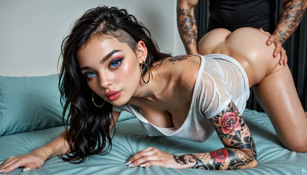 Realistic, 8K UHD, hot 25 year old slim petite skinny with beautiful face, dimples, loose shirt with neck, make up, busty rounded perfect boobs, caribean blue eyes, soft smoke eyeliner, large plump lips, strip lush eyelashes, pale skin color, stilleto nails, monroe piercing, black velvet lipstick, small skinny rounded butt, red long hair, loop earrings, piercing at ears, petite, (many tattoos on whole body:1.4), dark skinned large gigantic massive enormous huge dick, 1girl, 1boy, anal, on all fours ass up, facing front, detailed, eyes, perfect, freckles, skin, texture, photorealistic, <lora:milkers_v2:.4>, <lora:add-detail-xl:.8>, <lora:Super_Eye_Detailer_By_Stable_Yogi_SDPD0:.8>, <lora:detailed_notrigger:.8>
