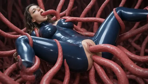 mature old mulatto brazilian with luscious breasts an extremely wide pelvis and big ass, her hands sticking out into her hand-width waist, (((extreme hourglass figure))), she has very very very long red wavy hair down to her hips and seductively she lies temptingly in bed with white latex clothes, (((latex suit))), SakimiStyle, ArtStyle, 30 tentacles wrap around her body, tentacle tear her wetsuit, tentacles grab her breasts, tentacles go into her pussy and anus, tentacles impregnate her, (tentacles in pussy:1.2), (tentacles in anus:1.2), (lots of thick tentacles:1.3), (double penetration:1.3), (orgasm, pleasure:1.2), <lora:SakimiArtStyleXL_v2.0:.8>