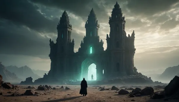 An abandoned temple in the desert, shrouded in fog and darkness, with cracks on the walls and glowing runes. In the center of the temple, a magical ritual is performed involving a black-robed figure holding a crystal with pulsing energy. The temple is surrounded by a dead desert of ancient machinery and half-buried statues. In the background, you can see the silhouettes of huge ruined towers, and the sky is covered with ominous greenish clouds. Ghostly dragons or spirits hover in the air, lighting up the scene with a cold glow. Cinematic lighting, high detail, dark fantasy aesthetics, symbolism of destruction and magic.