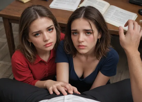 POV of man sitting with nice dick, Male boss sitting in a chair, 2 girls, 2 very hot 18 years old female secretaries in short skirts, girls are looking at the camera, (sad crying tears:1.5), terrified, view from the top, man holding his own nice dick, jerking off, under the desk, girls under the desk, medium boobs, man puts his hand on girls head, office, wide view, supermodel, face, big, lips, <lora:Beautify-Supermodel-SDXL:.8>