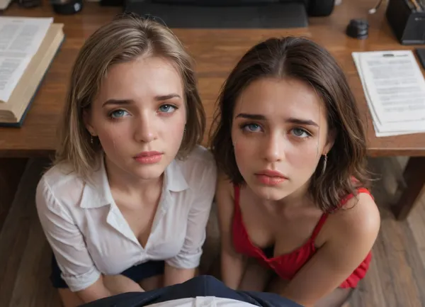 POV of man sitting with nice dick, Male boss sitting in a chair, 2 girls, 2 very hot 18 years old female secretaries in short skirts, girls are looking at the camera, (sad crying tears:1.5), terrified, view from the top, nice dick, under the desk, girls under the desk, medium boobs, office, wide view, supermodel, face, big, lips, <lora:Beautify-Supermodel-SDXL:.8>