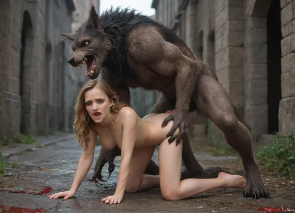 werewolf brutally rapes Hermione Granger, she moans very loudly with pain, anal sex, vaginal sex, publicly, Public rape, doggy style, sex with werewolf, raped by werewolf, werewolf knotted penis destroys her virginity, blood dripping down her thighs, (trickles of blood on her thighs), she's almost dying, pain, suffering, tears, agony, very legal age, (fully nude), (full-length image)