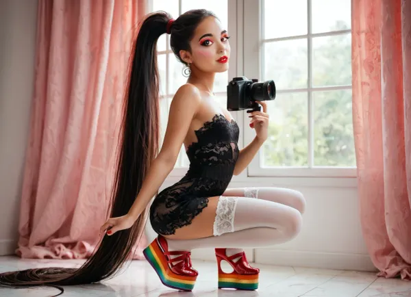 strikingly beautiful woman, slender, very cute tall, (very small breasts), beautiful eyes, open eyes, narrow shoulders, beautiful, attractive, natural beauty, slim latina, very very very long black straight hair, high ponytail, ((black short lace dress)), ((white lace stockings)), ((red platform shoes)), rainbow makeup, deep red lips, ((in her pink room)), he crouches with legs wide apart, with camera in hand, (((he is holding a foto camera in his hand))), whole body visible, delicate smile, (best quality), (realistic, photorealistic), (high detailed skin), soft lighting, sharp focus, high quality, beautiful proportions, (wide hips), round ass, thick, thin arms, natural light, vulnerable, innocent, sexy