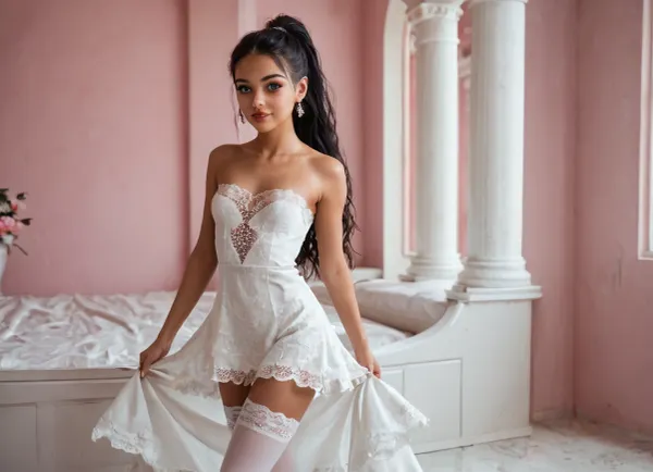 strikingly beautiful woman, slender, very cute tall, (very small breasts), beautiful eyes, open eyes, narrow shoulders, beautiful, attractive, natural beauty, slim latina, very very very by but yes long black straight hair, high ponytail, ((short_black_lace_strapless_dress, white_lace_stockings, red_platform_shoes)), rainbow makeup, deep red lips, ((in her pink room)), (((he is holding a foto camera in his hand))), whole body visible, delicate smile, (best quality), (realistic, photorealistic), (high detailed skin), soft lighting, sharp focus, high quality, beautiful proportions, (wide hips), round ass, thick, thin arms, natural light, vulnerable, innocent, sexy