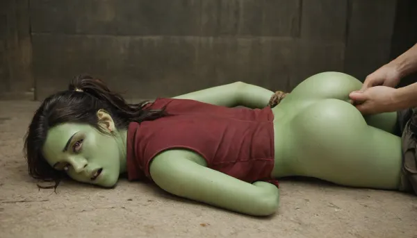 22-years-old girl, Lying face down, using naked, side view. looking to the viewer, long black hair, perky small tits, big ass and a green skin, ((her hands were tied behind her back)), UHD 8K, extreme realism, maximum detail, she is screaming in pain, a black guy is lying over her pulling her hair, doing anal sex, deep anal, she is crying with tears on her face, armbinders, rope, (dark red boot), (dark red shirt), \, gmra, woman, coat, vest, pants, yellow, uniform, ponytail, skswoman, <lora:SDXL_BDSMArmbindersXL:.8>, <lora:Gamora:1.3>, (she has some scars over her body)