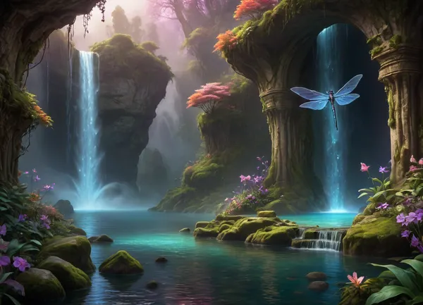A wild river carves through a fantastical utopian landscape, its turquoise waters glowing faintly with bioluminescent algae as it plunges over moss-covered cliffs into misty waterfalls. Towering trees with translucent amber bark and iridescent leaves form a lush canopy, while fields of luminescent flowers in violet, coral, and gold ripple in the breeze. The air shimmers with floating pollen-dust and tiny winged creatures resembling dragonflies with stained-glass wings. Jagged crystal spires rise in the distance, half-hidden by cascading vines and glowing fungi clinging to their bases. The sky is a kaleidoscope of soft auroras blending into peach-hued clouds, casting warm light on ancient stone bridges draped in ivy and orchids. No signs of technology—only harmonious coexistence of magic and nature, with waterfalls feeding crystal-clear pools teeming with fish that flicker like living gems. Style, ethereal fantasy realism with hyper-detailed textures, (water droplets, leaf veins, crystal facets), and a vibrant palette of jewel tones against earthy greens and golds.