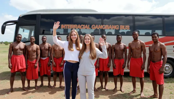 Two 19 year old female western tourists, joggingpants, sweater, waving their hands in front of a coach in a African landscape smiling. Besides them stand ten muscular black men, red loinclothes. The inscription on the bus above their heads is text "INTERRACIAL GANGBANG BUS".