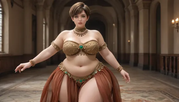 a chubby woman, (short brown fade pixie cut hair:1.6), hyper hips, wide hips, massive thighs, green eyes, fat, (gigantic hips:1.5), belly dancer, milf tummy, mature face