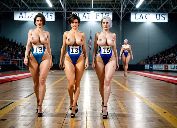 (Women forced to sit on old men's laps on contest stage:1.3), (A woman goes in front of the old judges and gets her breasts fondled:1.3), (Old judges groping the breasts of women walking down the runway:1.3), (Women walking down the runway at the breast contest:1.3), (Women walking down the runway with number boards above their heads:1.3), (Well-proportioned body:1.3), (isabella valentine:1.3), (tomboy:1.3), (jill valentine:1.1), (tracer from　overwatch:1.1), beautiful ace, erfect face, highly detailed beautiful face and eyes, attractive face, very curvy, Natural Breasts, long legs, stylish, perfect body, high heels, perfect tits.many women, sunlight, underlighting, ambient