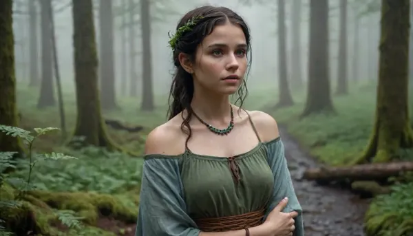 ** Witch girl in a relaxed pose in the rain.** Her raven-colored hair is loose, slightly wavy, with wooden beads woven into the strands and feathers sticking to her skin from the moisture. She is wearing a loose tunic made of natural linen in a milky shade, soaked in the rain, the fabric hugs her ample breasts, transparent in the light, but gently conceals the shape of her thighs, reaching to her knees. The left shoulder is exposed, and the sleeve of the right arm slides down, exposing the collarbone. Around her neck is a simple necklace made of river stones and leather, bracelets made of coarse textiles and turquoise. She stands barefoot on moss by an old stone well, surrounded by a wild forest of lichen-covered boulders, ferns, and rain-drenched flowers. Her posture is deliberately casual, her head is slightly thrown back, her eyes are closed, and her lips are slightly parted, as if she is inhaling the smell of rain. Her face is lightly flushed and her skin glistens with moisture. The rain washes softly over her, trickles down her back, neck, and legs, and the hem of her tunic sticks to her thighs, emphasizing their roundness. All around — fog mixed with rain, and the green of the forest, illuminated by the dim light of the moon. The atmosphere is calm, almost peaceful, no crows, no tombstones — just nature. Her image combines natural sexuality, (wet fabric, exposed skin), and harmony with the forest, and in her hand she holds a wreath of wildflowers, as if just woven. Details, drops on the eyelashes, a slight smile, bare feet pressed into the moss, and a warm skin tone that contrasts with the cold tones of the rain.