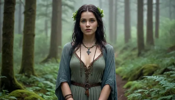 ** Witch girl in a relaxed pose in the rain.** Her raven-colored hair is loose, slightly wavy, with wooden beads woven into the strands and feathers sticking to her skin from the moisture. She is wearing a loose tunic made of natural linen in a milky shade, soaked in the rain, the fabric hugs her ample breasts, transparent in the light, but gently conceals the shape of her thighs, reaching to her knees. The left shoulder is exposed, and the sleeve of the right arm slides down, exposing the collarbone. Around her neck is a simple necklace made of river stones and leather, bracelets made of coarse textiles and turquoise. She stands barefoot on moss by an old stone well, surrounded by a wild forest of lichen-covered boulders, ferns, and rain-drenched flowers. Her posture is deliberately casual, her head is slightly thrown back, her eyes are closed, and her lips are slightly parted, as if she is inhaling the smell of rain. Her face is lightly flushed and her skin glistens with moisture. The rain washes softly over her, trickles down her back, neck, and legs, and the hem of her tunic sticks to her thighs, emphasizing their roundness. All around — fog mixed with rain, and the green of the forest, illuminated by the dim light of the moon. The atmosphere is calm, almost peaceful, no crows, no tombstones — just nature. Her image combines natural sexuality, (wet fabric, exposed skin), and harmony with the forest, and in her hand she holds a wreath of wildflowers, as if just woven. Details, drops on the eyelashes, a slight smile, bare feet pressed into the moss, and a warm skin tone that contrasts with the cold tones of the rain., witch_style, <lora:witch_style-10:.5>